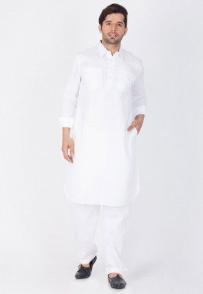Solid Color Cotton Pathani Suit in White