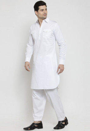 Solid Color Cotton Pathani Suit in White