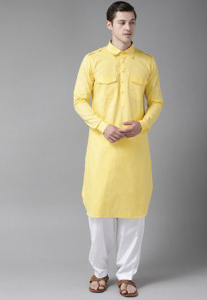 Solid Color Cotton Pathani Suit in Yellow