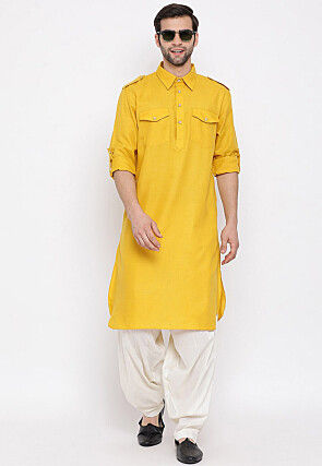 Solid Color Cotton Pathani Suit in Yellow