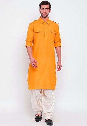 Solid Color Cotton Pathani Suit in Yellow