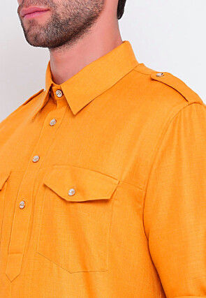 Solid Color Cotton Pathani Suit in Yellow