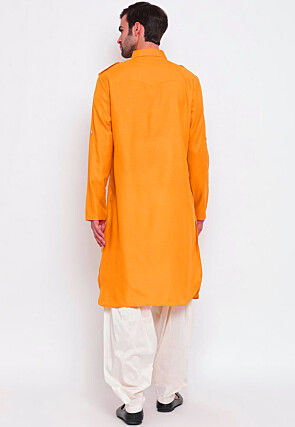 Solid Color Cotton Pathani Suit in Yellow