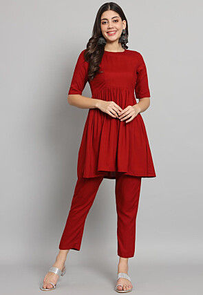 Solid Color Cotton Rayon Co Ord Set in Red