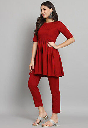 Solid Color Cotton Rayon Co Ord Set in Red