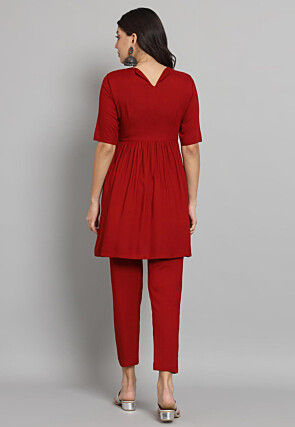 Solid Color Cotton Rayon Co Ord Set in Red