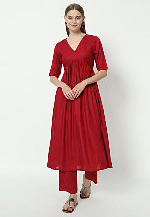 Solid Color Cotton Rayon Co Ord Set in Red