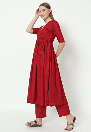 Solid Color Cotton Rayon Co Ord Set in Red