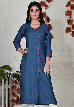 Solid Color Cotton Rayon Front Slit Kurta in Blue