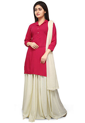 Solid Color Cotton Rayon Pakistani Suit in Fuchsia