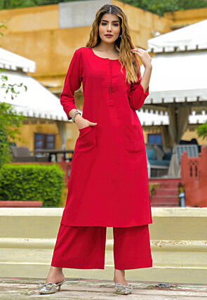 Solid Color Cotton Rayon Straight Kurta Set in Red