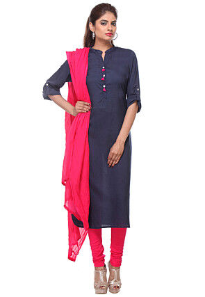 Solid Color Cotton Rayon Straight Suit in Navy Blue