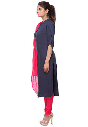 Solid Color Cotton Rayon Straight Suit in Navy Blue