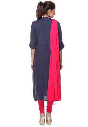 Solid Color Cotton Rayon Straight Suit in Navy Blue
