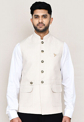 Solid Color Cotton Satin Nehru Jacket in Cream