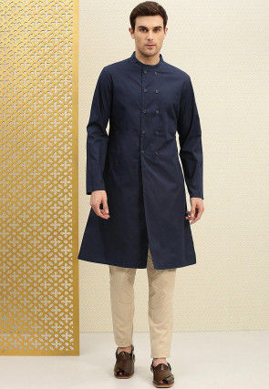 Solid Color Cotton Sherwani in Navy Blue