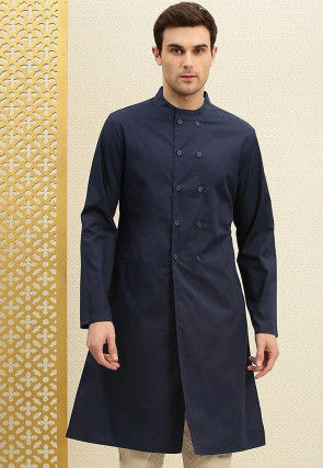 Solid Color Cotton Sherwani in Navy Blue