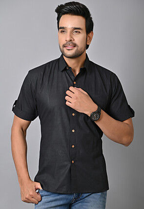 Solid Color Cotton Shirt in Black