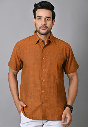 Solid Color Cotton Shirt in Brown