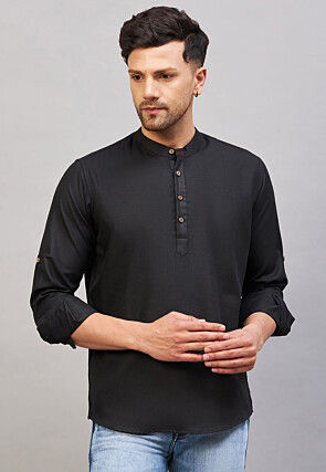 Black plain design full-sleeve with button-style cotton kurta