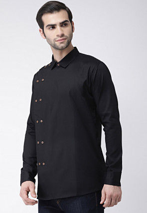 Solid Color Cotton Short Kurta in Black
