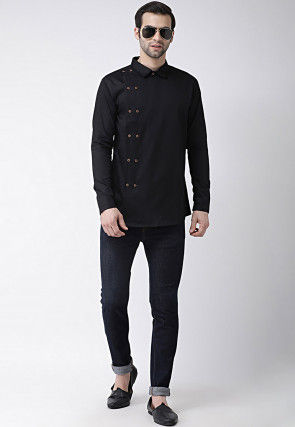 Solid Color Cotton Short Kurta in Black