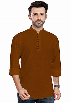 Solid Color Cotton Short Kurta in Brown