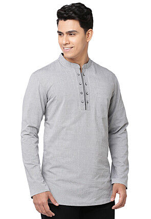 Solid Color Cotton Short Kurta in Grey
