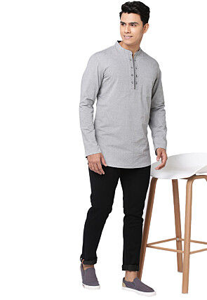 Solid Color Cotton Short Kurta in Grey