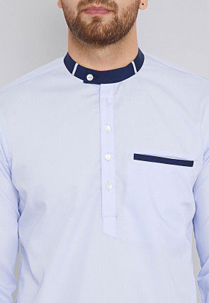 Solid Color Cotton Short Kurta in Light Blue