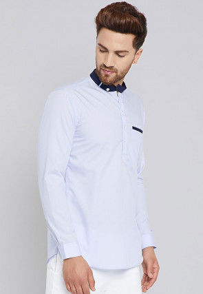 Solid Color Cotton Short Kurta in Light Blue