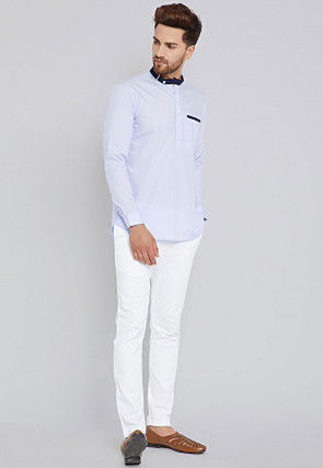 Solid Color Cotton Short Kurta in Light Blue