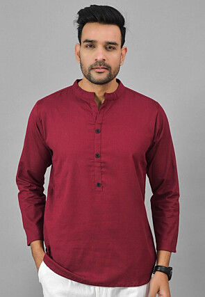 Solid Color Cotton Short Kurta in Maroon
