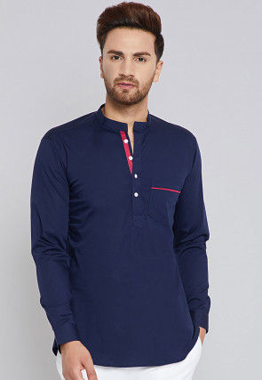 Buy Solid Color Cotton Short Kurta in Navy Blue Online : MVE1223 ...