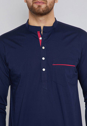 Solid Color Cotton Short Kurta in Navy Blue