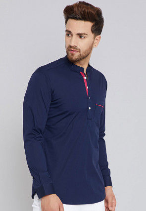 Solid Color Cotton Short Kurta in Navy Blue