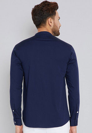 Solid Color Cotton Short Kurta in Navy Blue