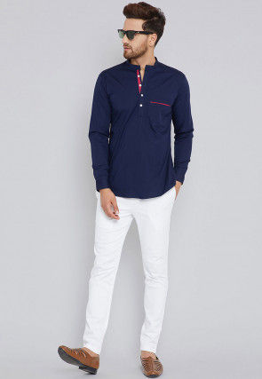 Solid Color Cotton Short Kurta in Navy Blue
