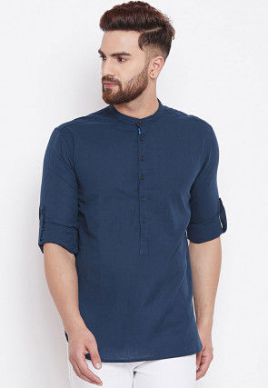 Solid Color Cotton Short Kurta in Navy Blue