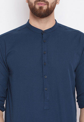 Solid Color Cotton Short Kurta in Navy Blue
