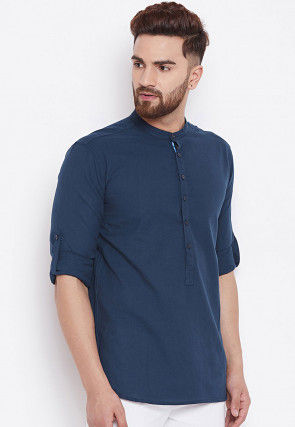 Solid Color Cotton Short Kurta in Navy Blue