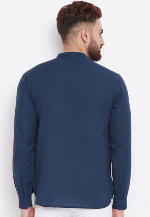 Solid Color Cotton Short Kurta in Navy Blue