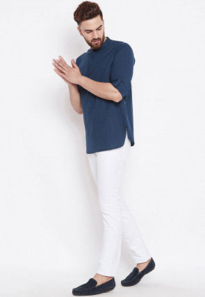 Solid Color Cotton Short Kurta in Navy Blue