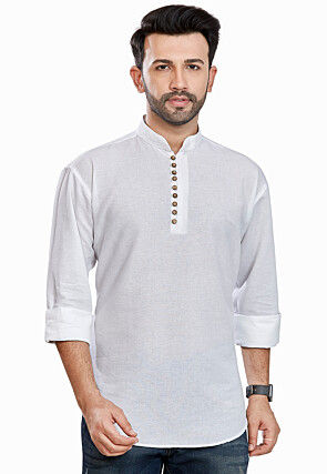 Solid Color Cotton Short Kurta in Off White
