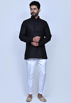 Solid Color Cotton Short Kurta Set in Black