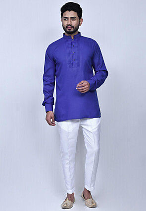 Solid Color Cotton Short Kurta Set in Blue
