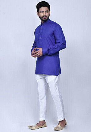 Solid Color Cotton Short Kurta Set in Blue