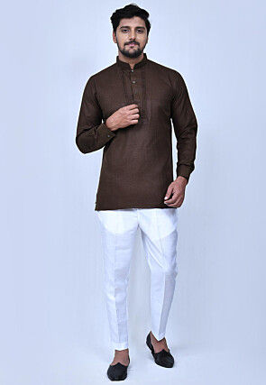 Solid Color Cotton Short Kurta Set in Brown