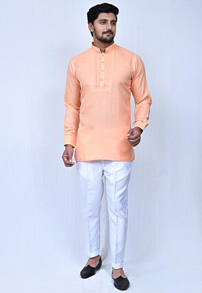 Solid Color Cotton Short Kurta Set in Peach