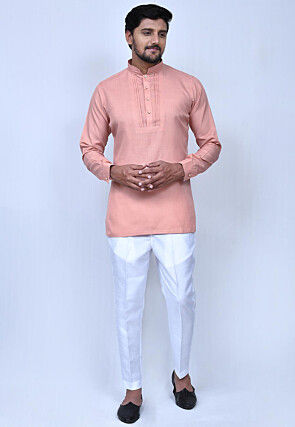 Solid Color Cotton Short Kurta Set in Peach